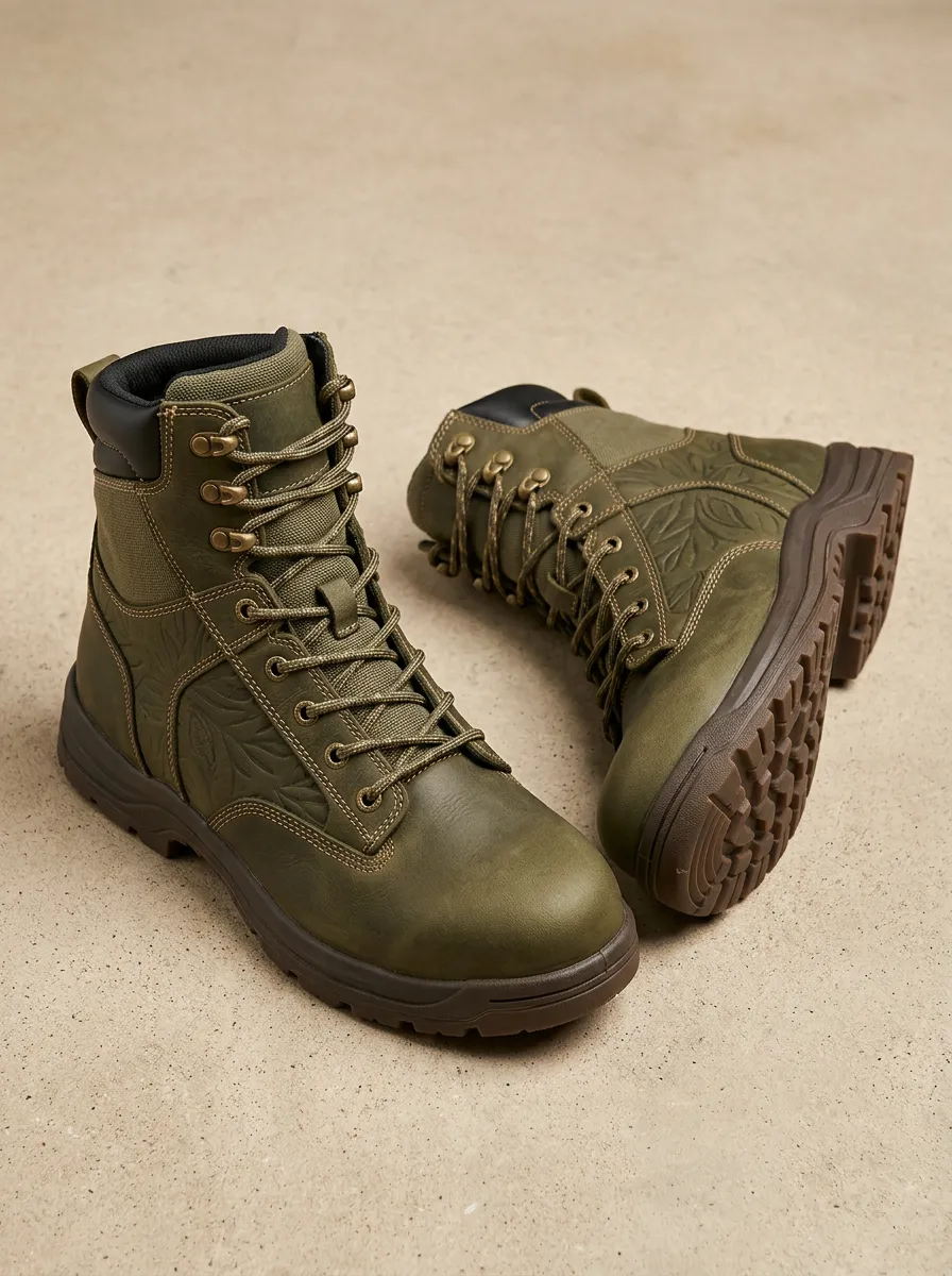 Unisex Leaf Embossed Print Work Boots