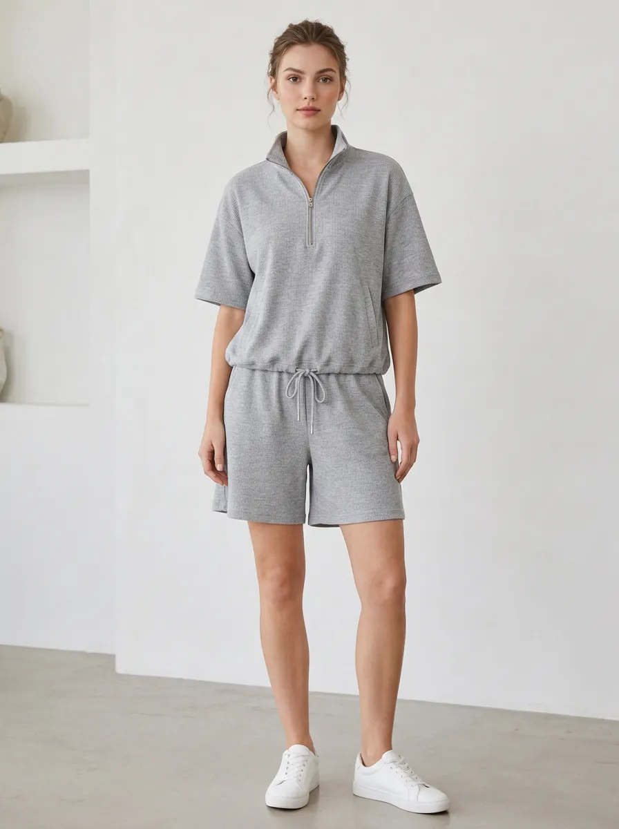 Women's Casual Lounge Grey Ribbed Quarter-Zip Shorts Set