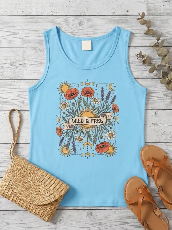 Wild And Free Boho Floral Sun Moon Tank Top