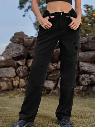 High Waist Cargo Straight Denim Jeans