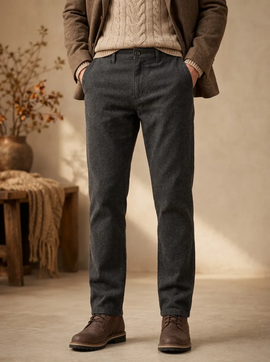 Men's Autumn Winter Button Fly Refined Wool Blend Slim Fit Trousers