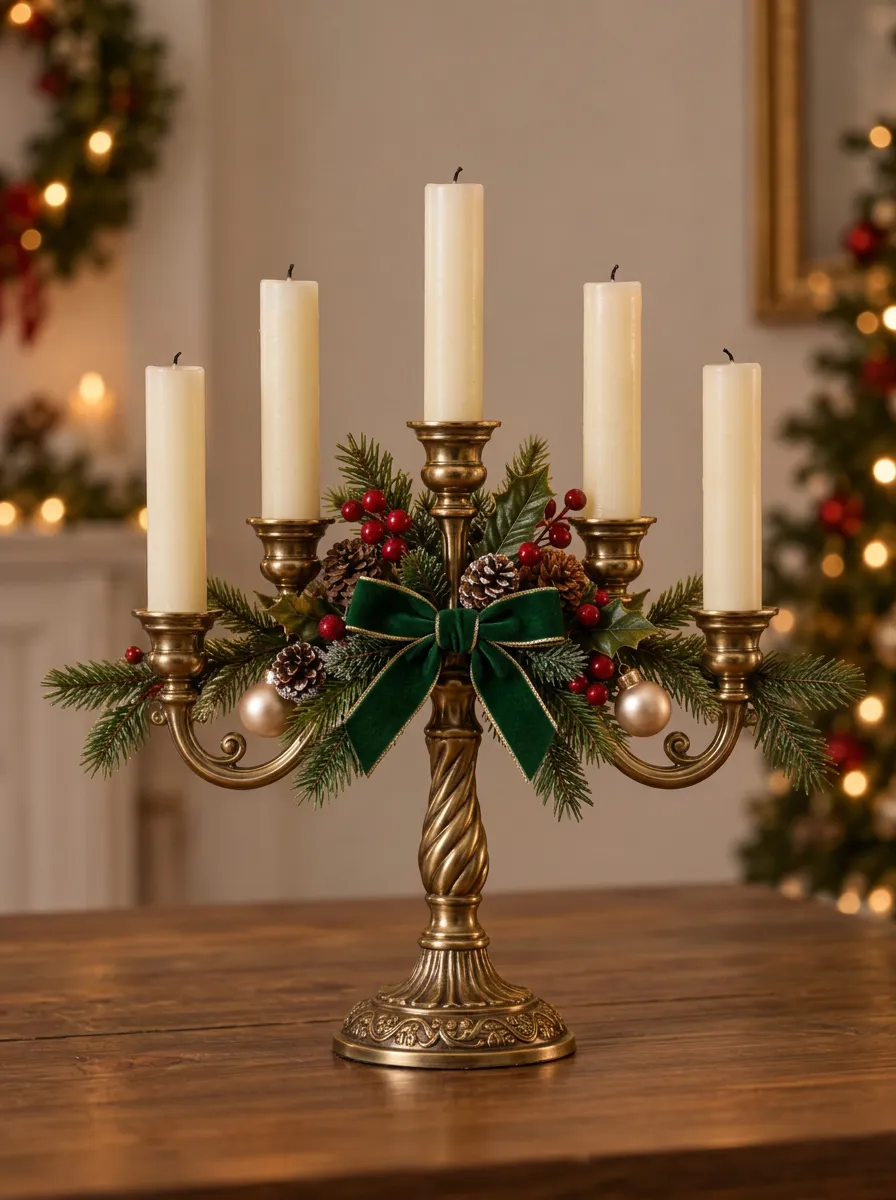 Velvet Pinecone Berry Bow Table Candelabra