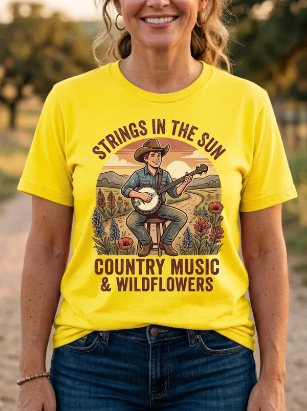 Country Music Banjo Wildflowers Crew Neck T-Shirt