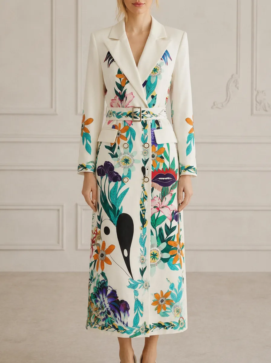 Women's Floral Botanical Lips Printed Belted Trench Coat