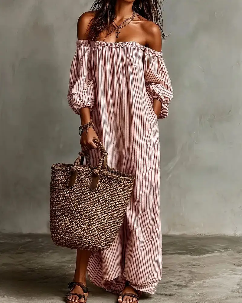 Striped Off-Shoulder Linen Resort Maxi Dress