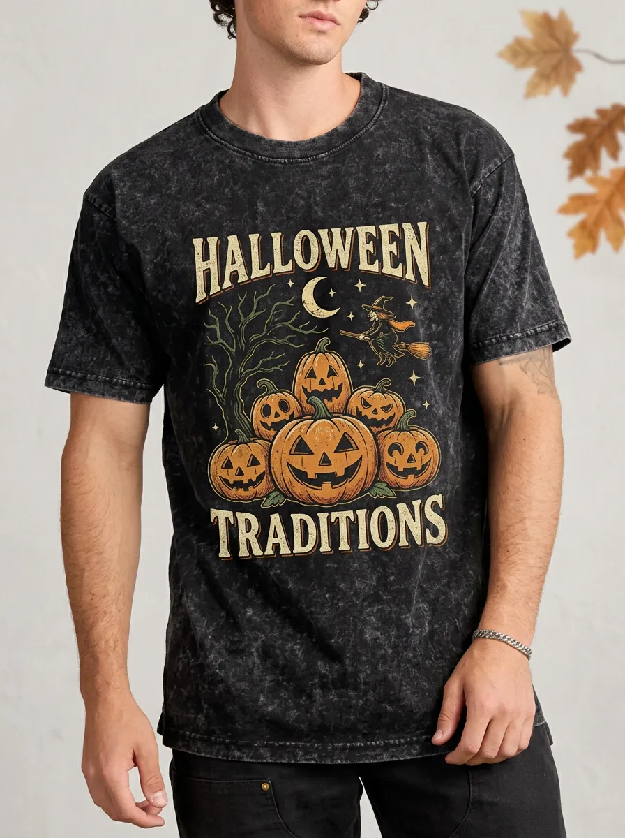 Men's Halloween Traditions Pumpkin Witch Printed T-shirt