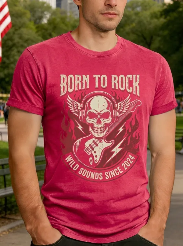 Men's Rock Music Lover Skull Guitar Flame Printed T-shirt