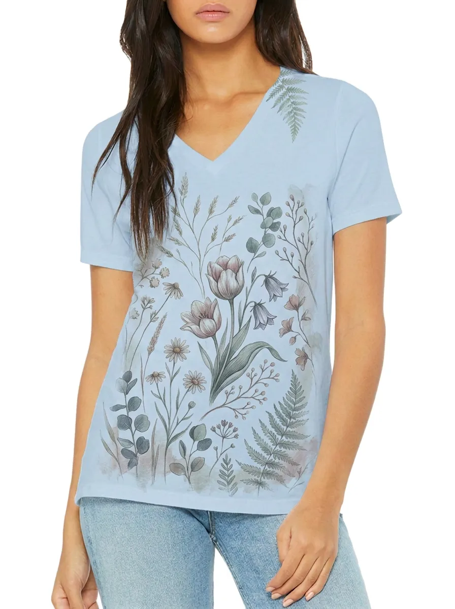 Women's Botanical Nature Lover Tulip Fern Printed V-neck T-shirt