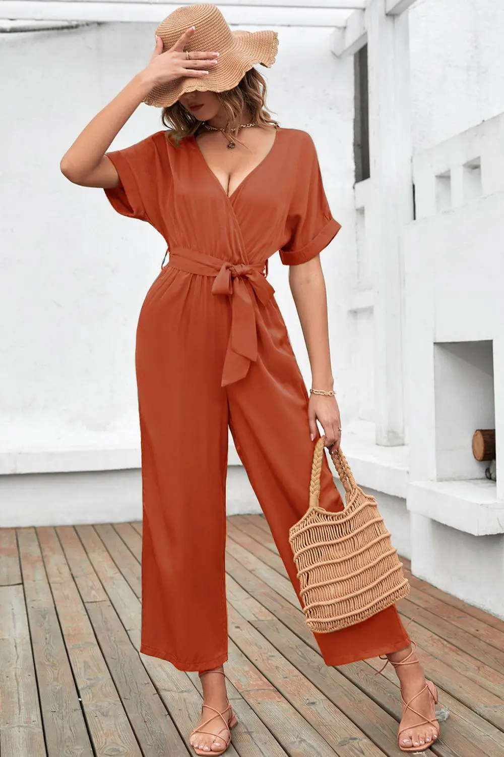 Tie Waist Surplice Wide Leg Jumpsuit