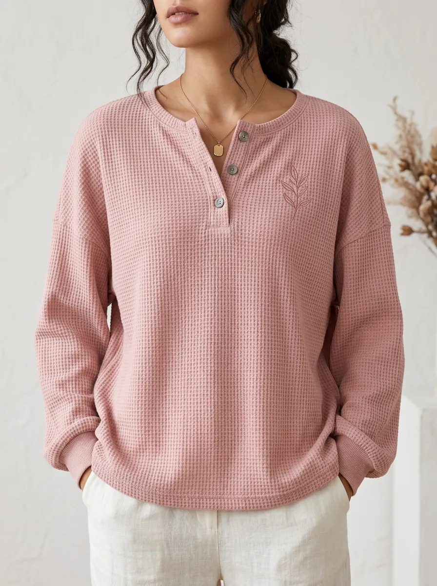 Women's Minimalist Botanical Leaf Embroidered Waffle Knit Henley Shirt