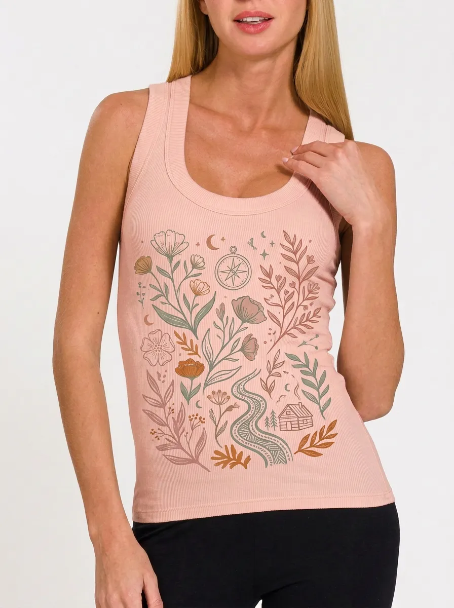 Women's Nature Adventure Floral Compass Printed Tank Top