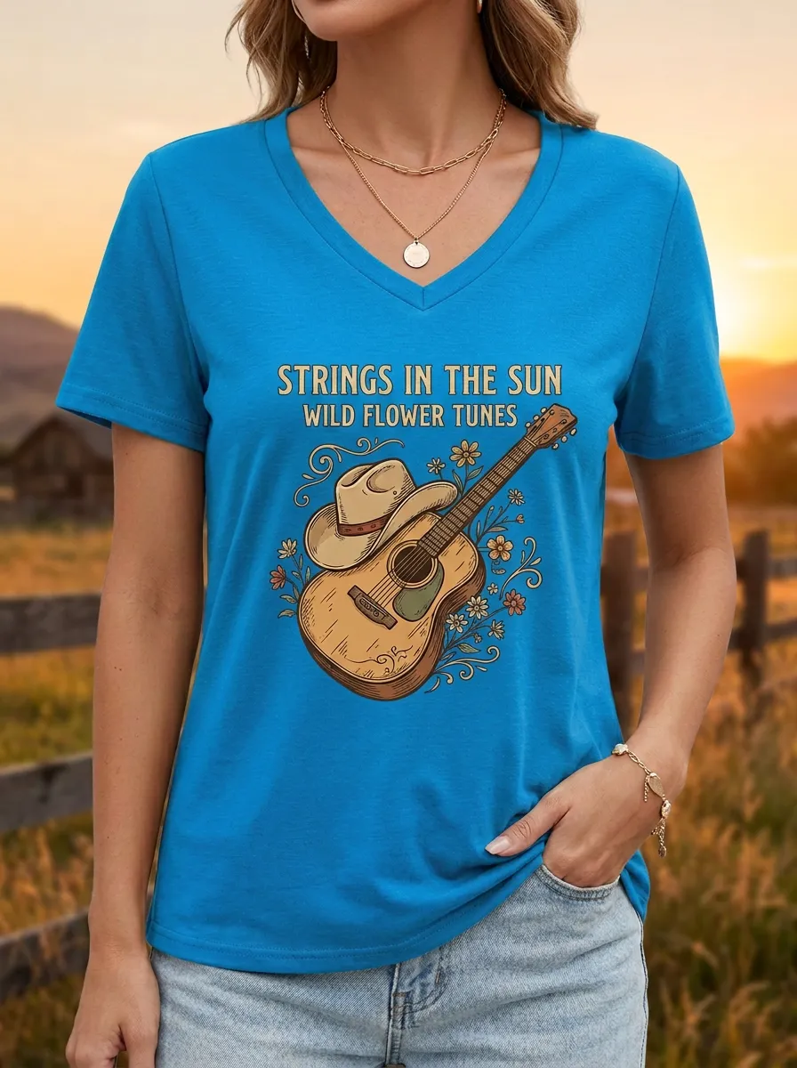 Country Music Guitar Cowboy Hat Floral V-Neck T-Shirt