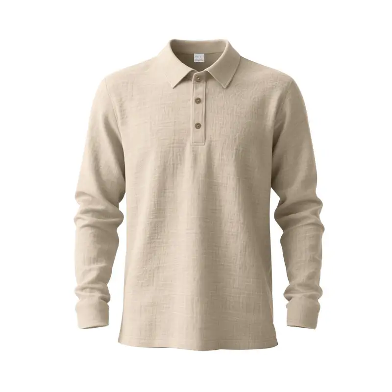 Men's Long-Sleeve Polo Shirt Cotton Gauze With A Shirt Collar Three-button Placket And Relaxed Fit