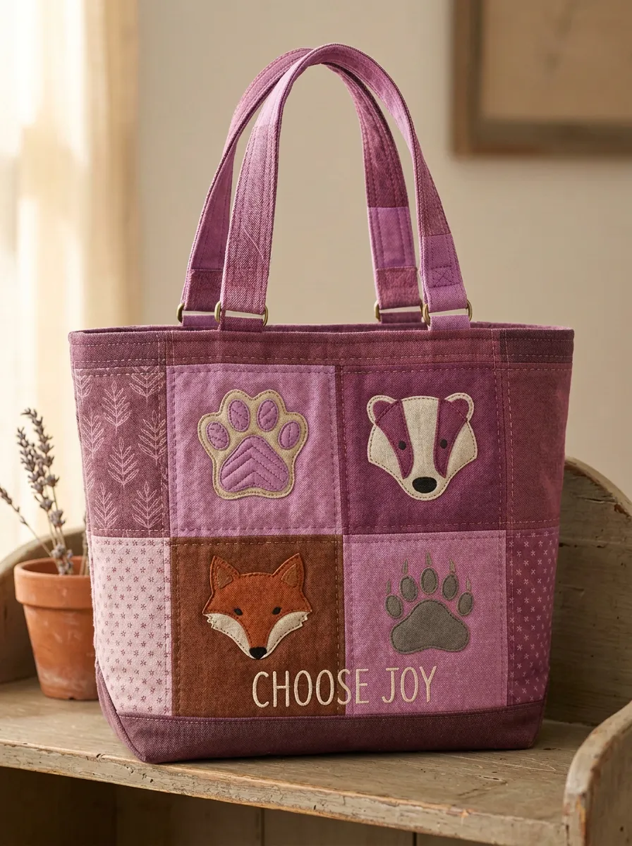Woodland Animal Patchwork Fox Badger Printed Tote Bag