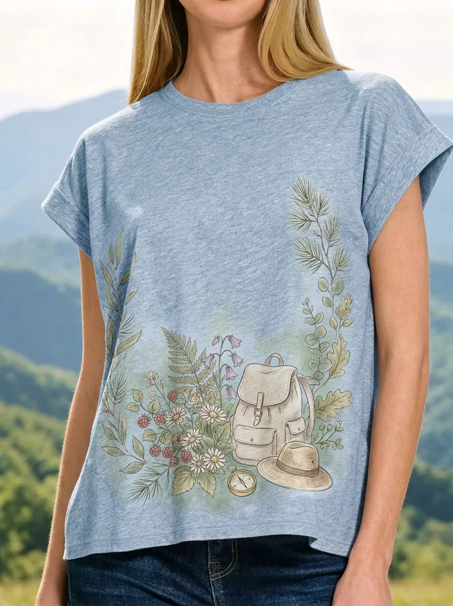 Women's Nature Hiking Backpack Compass Wildflower Printed T-shirt