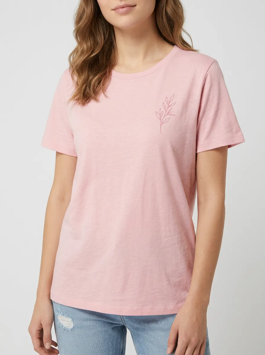 Women's Minimalist Botanical Pink Leaf Printed T-shirt