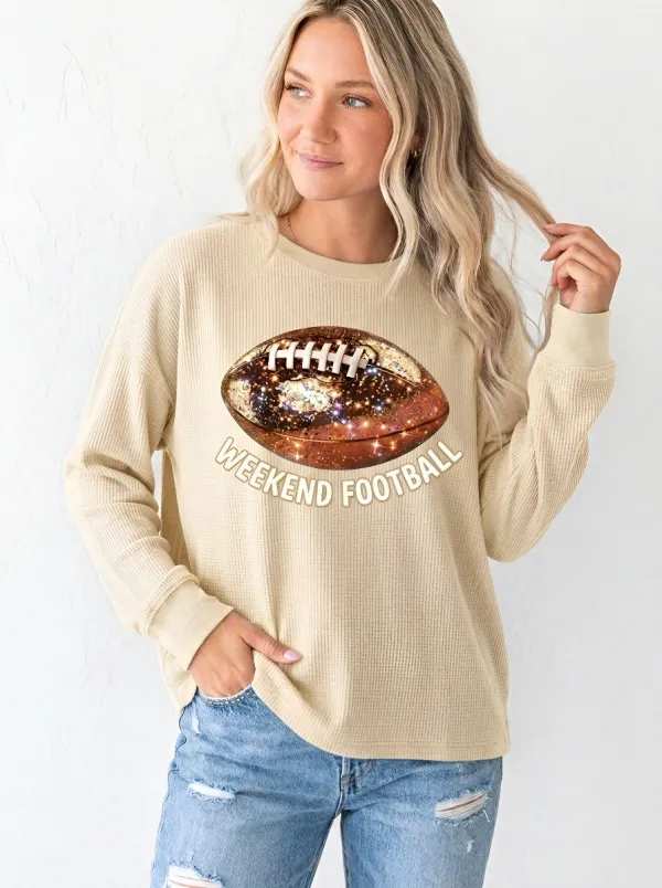 Women's Weekend Football Galaxy Glitter Printed Waffle Knit T-Shirt