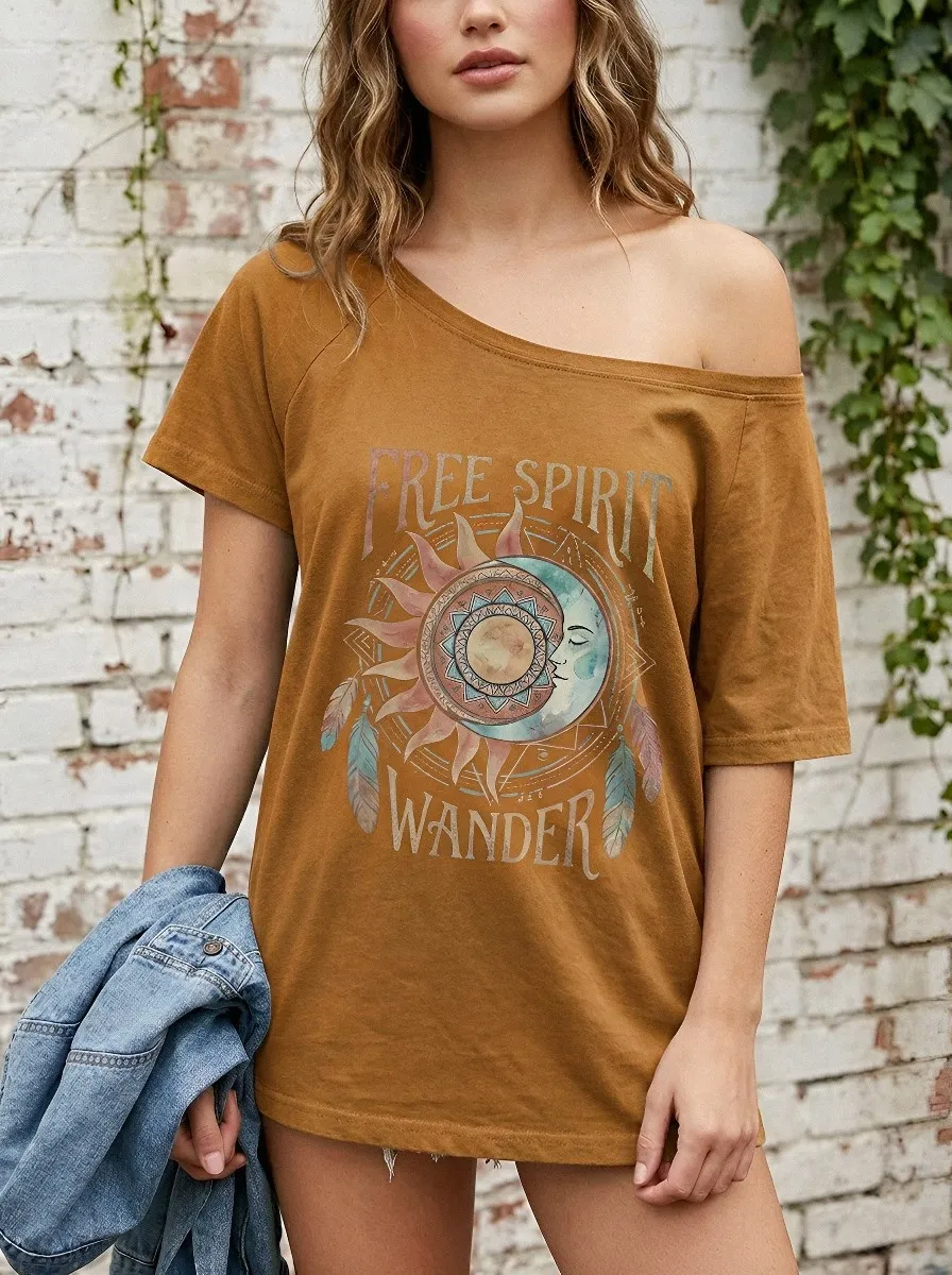 Women's Boho Free Spirit Sun Moon Feather Printed T-shirt