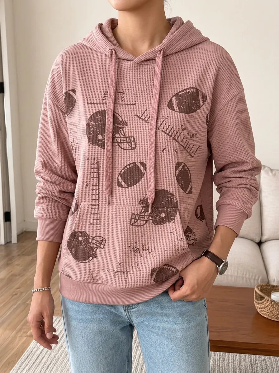 Women's Football Fan Helmet Ball Printed Waffle Hoodie