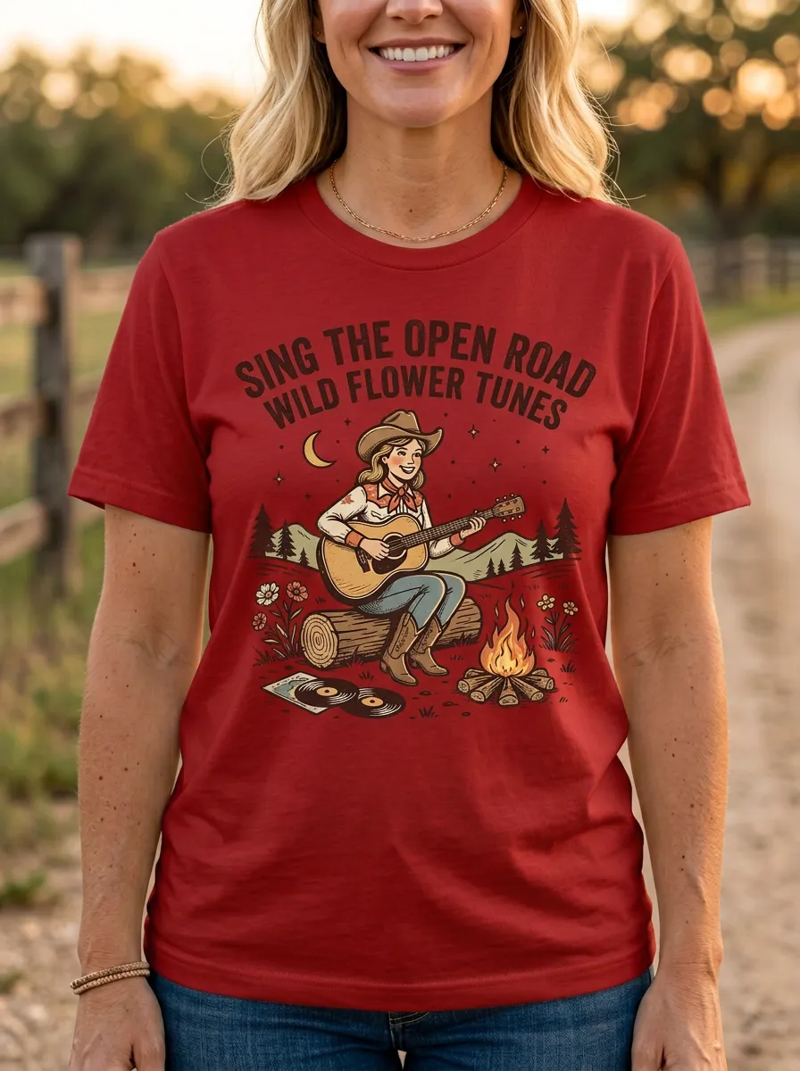 Rustic Guitar Cowgirl Country Music Crewneck T-Shirt