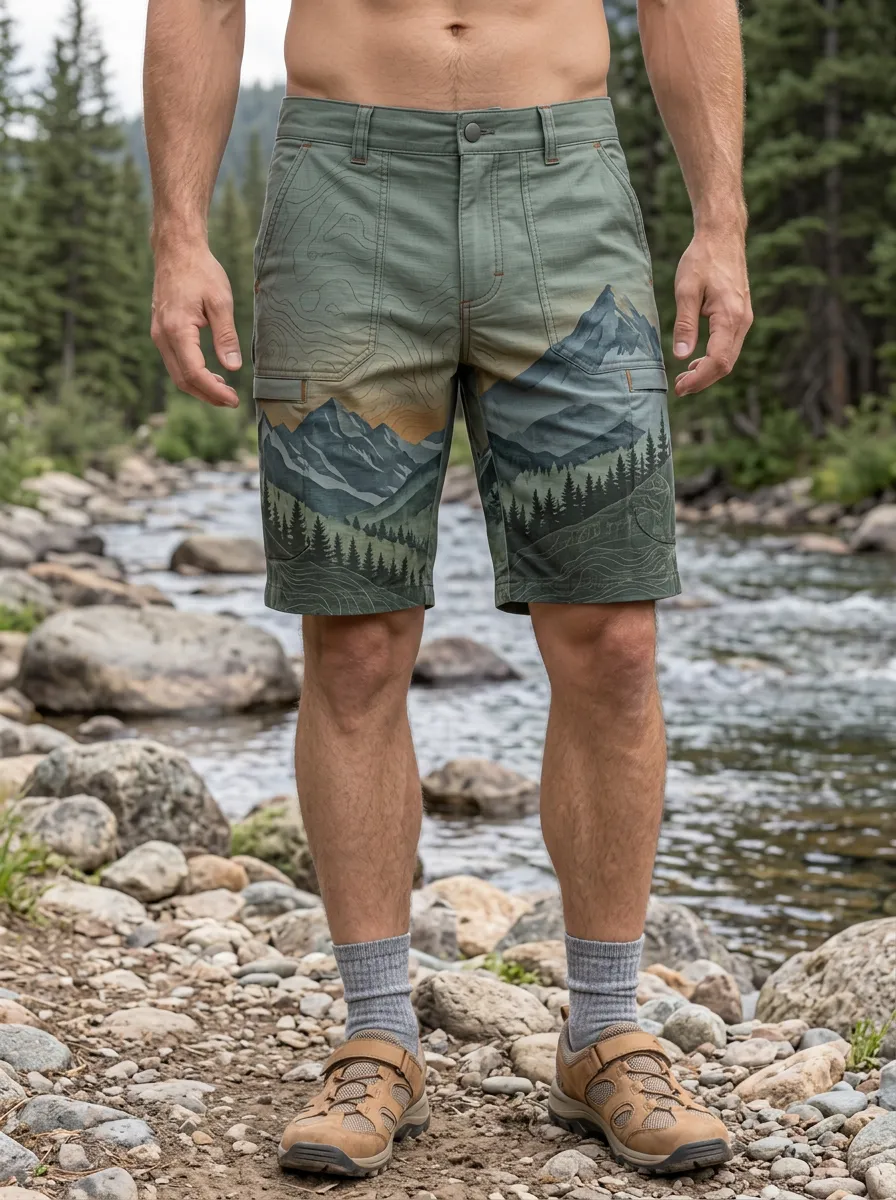 Men's Outdoor Hiking Mountain Forest Topographic Shorts