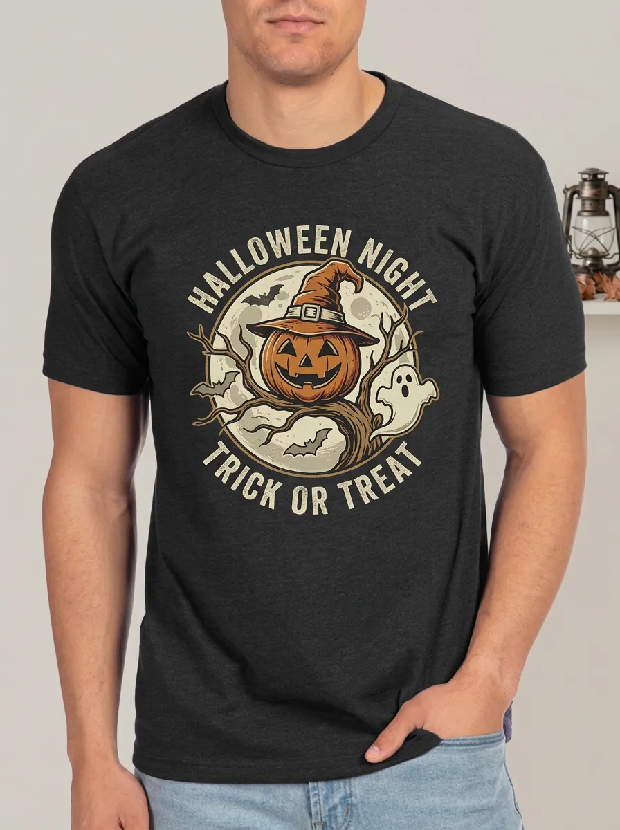 Men's Halloween Night Pumpkin Witch Hat Ghost Printed T-shirt
