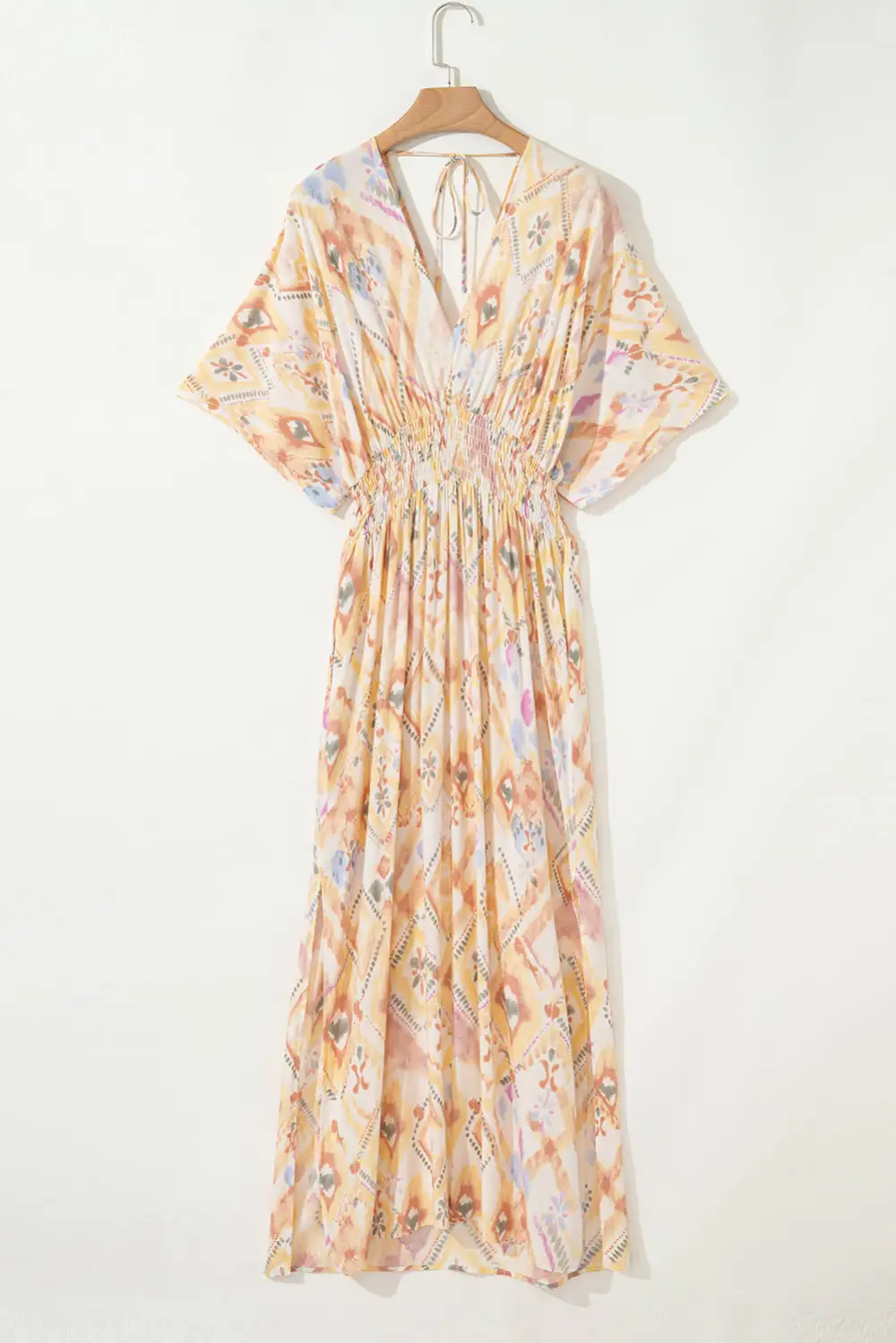 Multicolour Geometric Print Half Sleeve Shirred High Waist Maxi