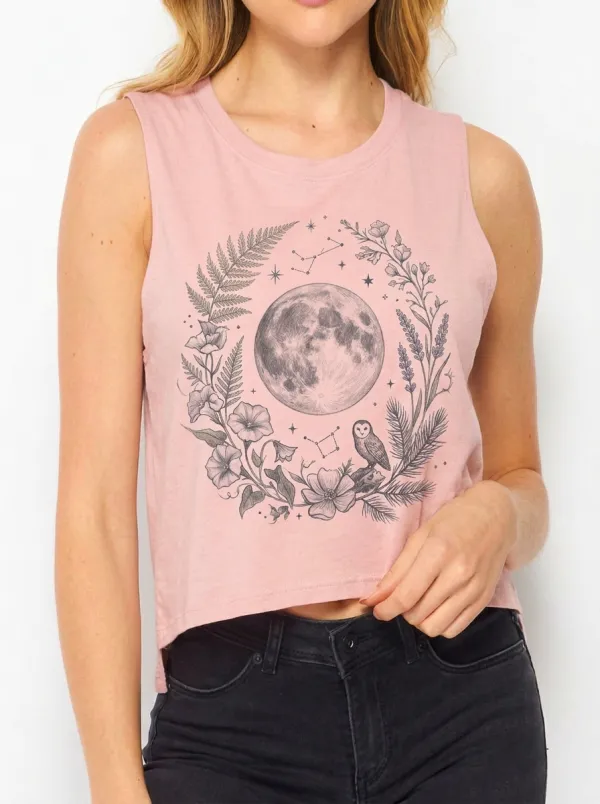 Women's Celestial Nature Lover Moon Owl Floral Printed Tank Top