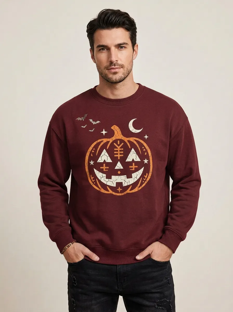 Men's Halloween Pumpkin Moon Bats Graphic Sweatshirt