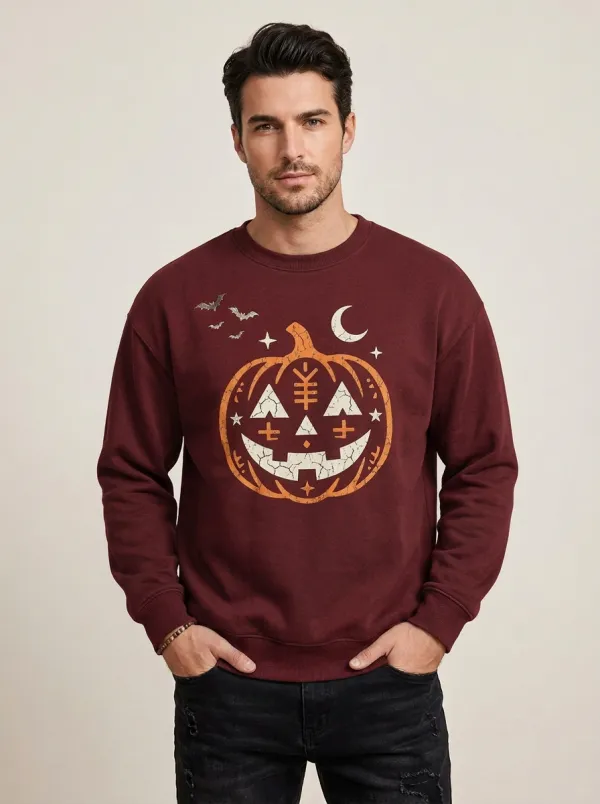 Men's Halloween Pumpkin Moon Bats Graphic Sweatshirt