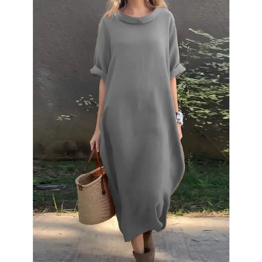 Full Size Casual Loose Fit Round Neck Midi Dress Plus Size