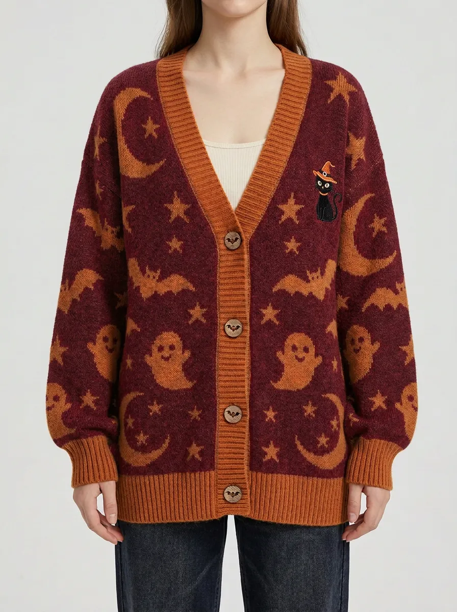Women's Halloween Ghost Bat Cat Moon Star Patterned Knit Cardigan