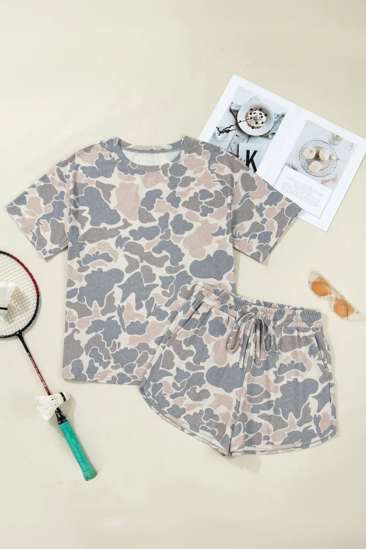 Drawstring Camouflage Two-Piece Tee and Shorts Set