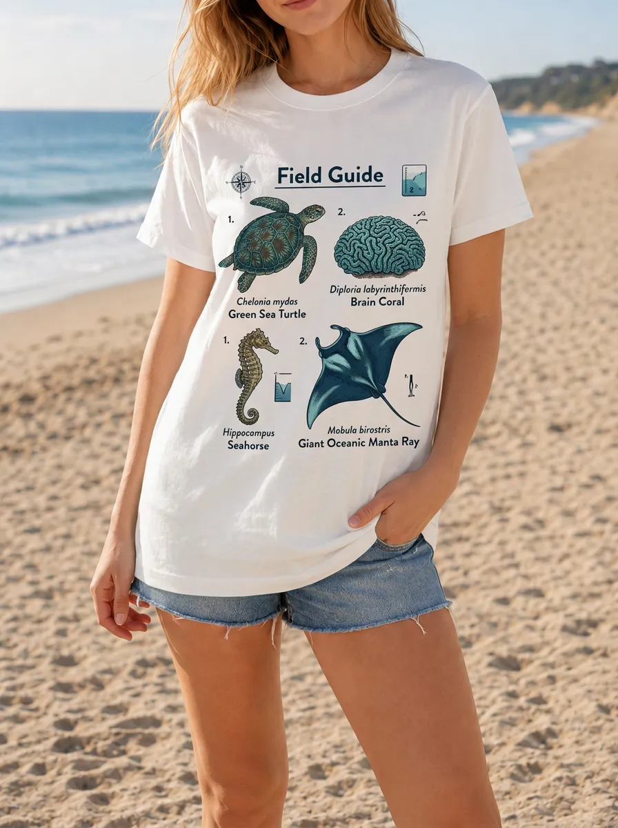 Women's Marine Biology Lover Sea Life Field Guide Printed T-shirt