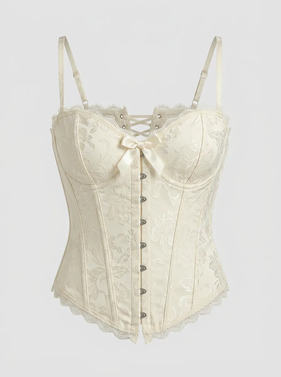Floral Lace-Up Bow-Detail Lace-Trim Women's Corset Top
