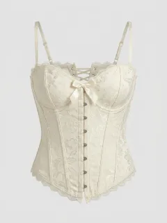 Floral Lace-Up Bow-Detail Lace-Trim Women's Corset Top
