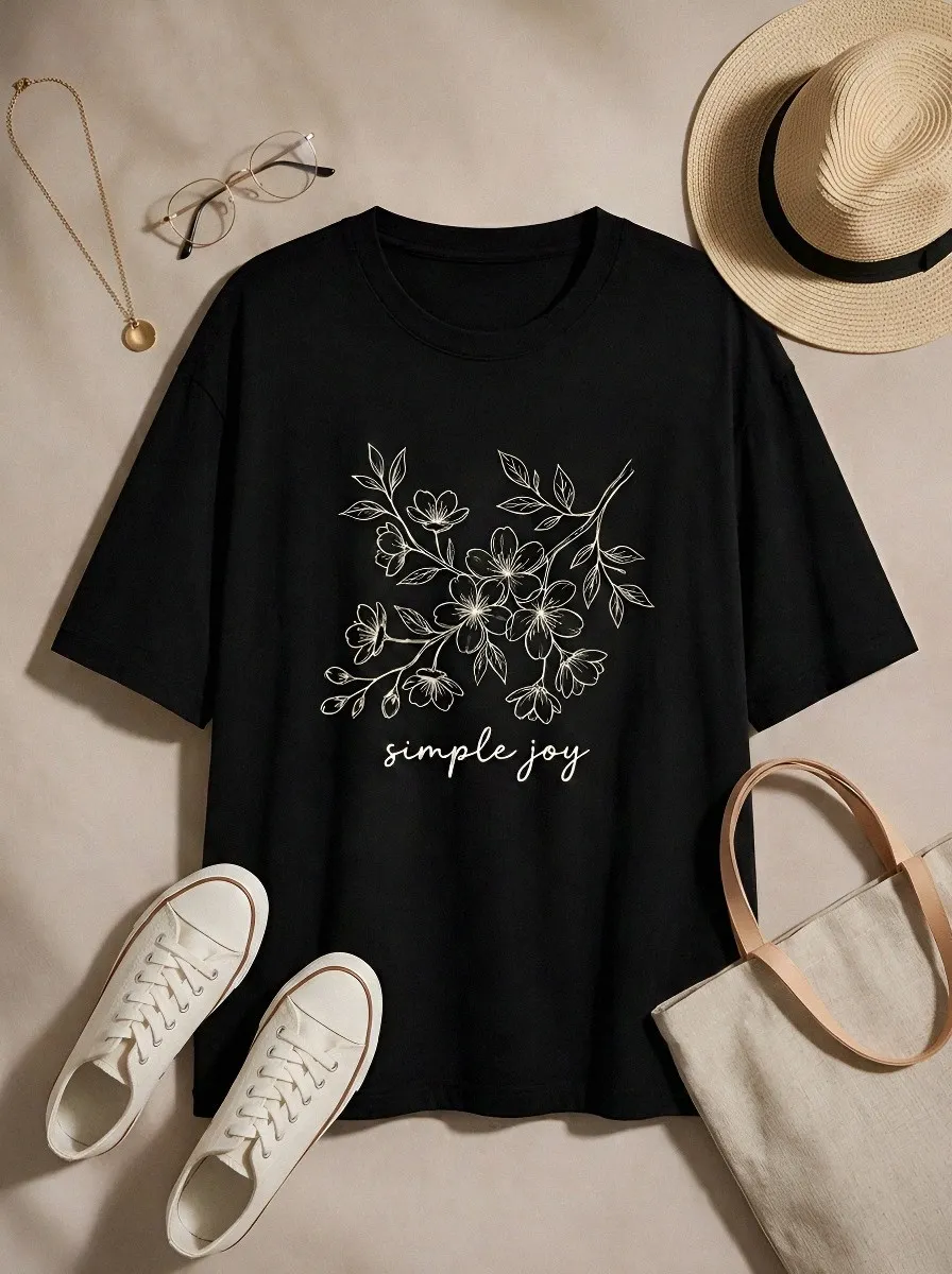 Women's Simple Joy Floral Botanical Line Art Printed T-shirt