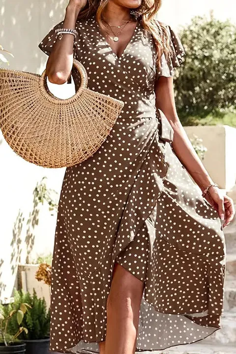 Print Ruffle Hem V Neck Dress