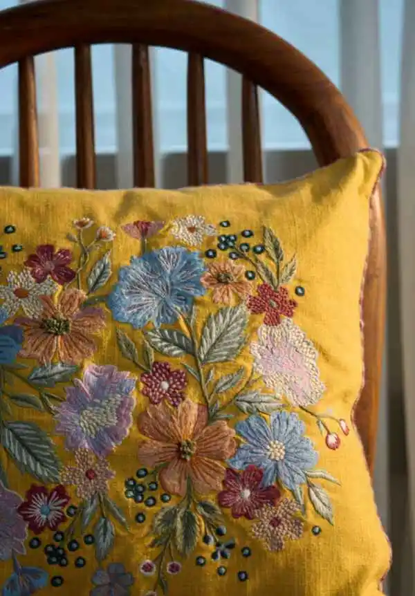 Artisan Detail Embroidered Floral Cotton Decorative Cushion Cover