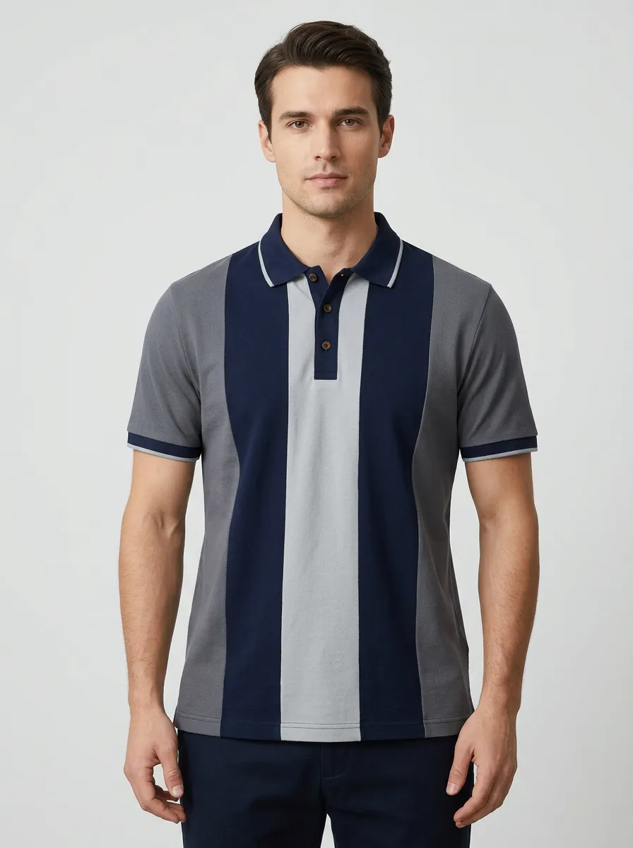 Men's Knit Ribbed Striped Colorblock Polo Shirt