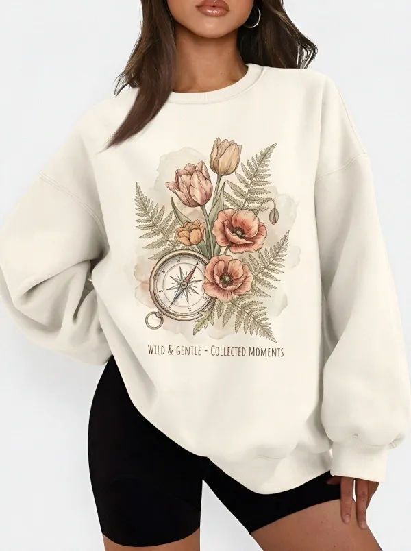 Women's Travel Nature Lover Compass Floral Printed Sweatshirt