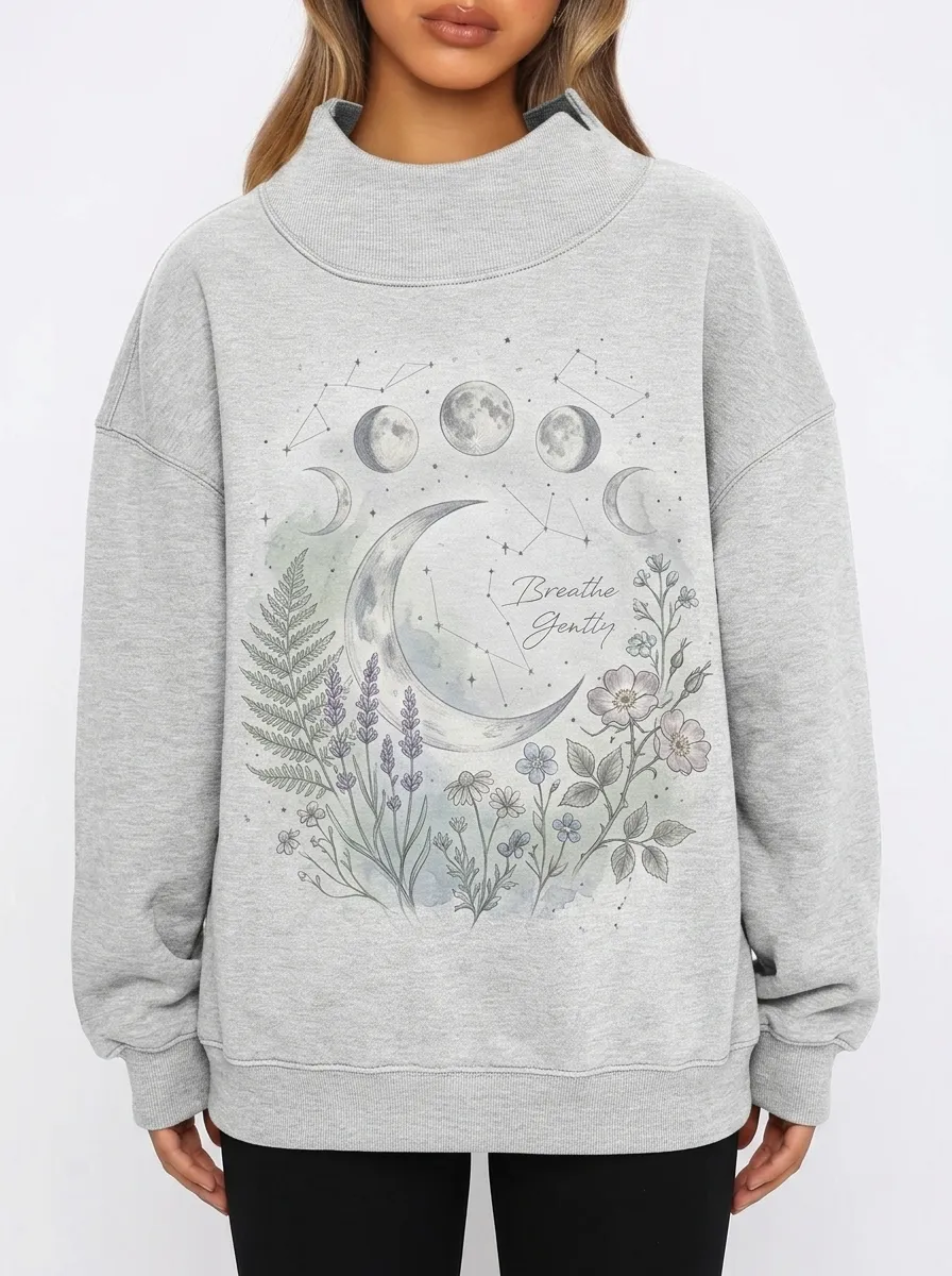 Women's Celestial Floral Breathe Gently Moon Printed Sweatshirt
