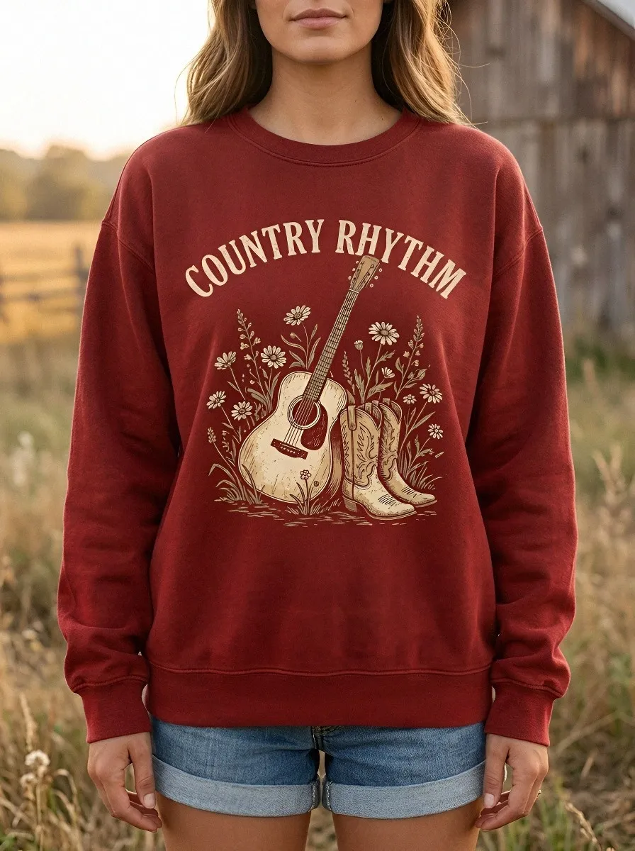 Country Music Guitar Cowboy Boots Crew Neck Sweatshirt