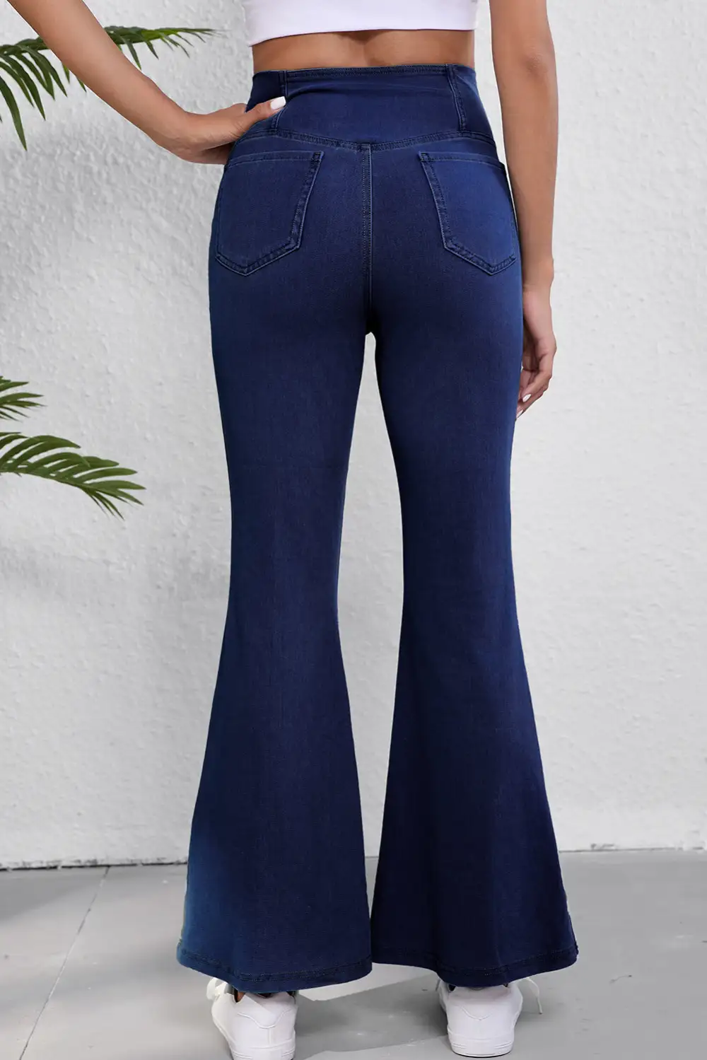 Solid Crossed Waist High Elastic Fit Flare Knit Jeans