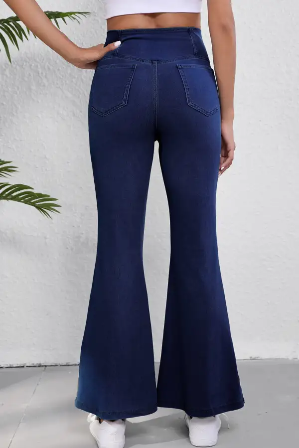 Solid Crossed Waist High Elastic Fit Flare Knit Jeans