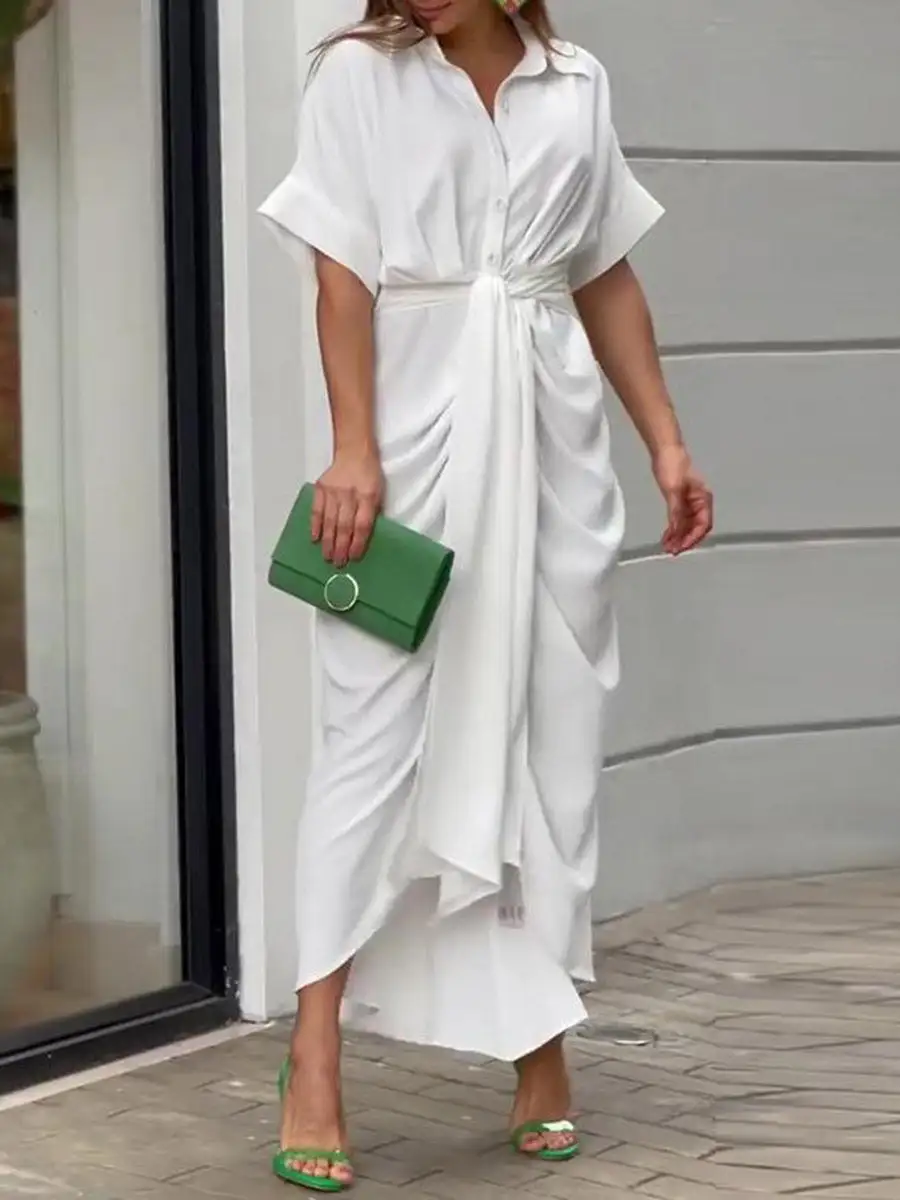 Elasticated Pleated Buttoned Shirt Maxi Dress
