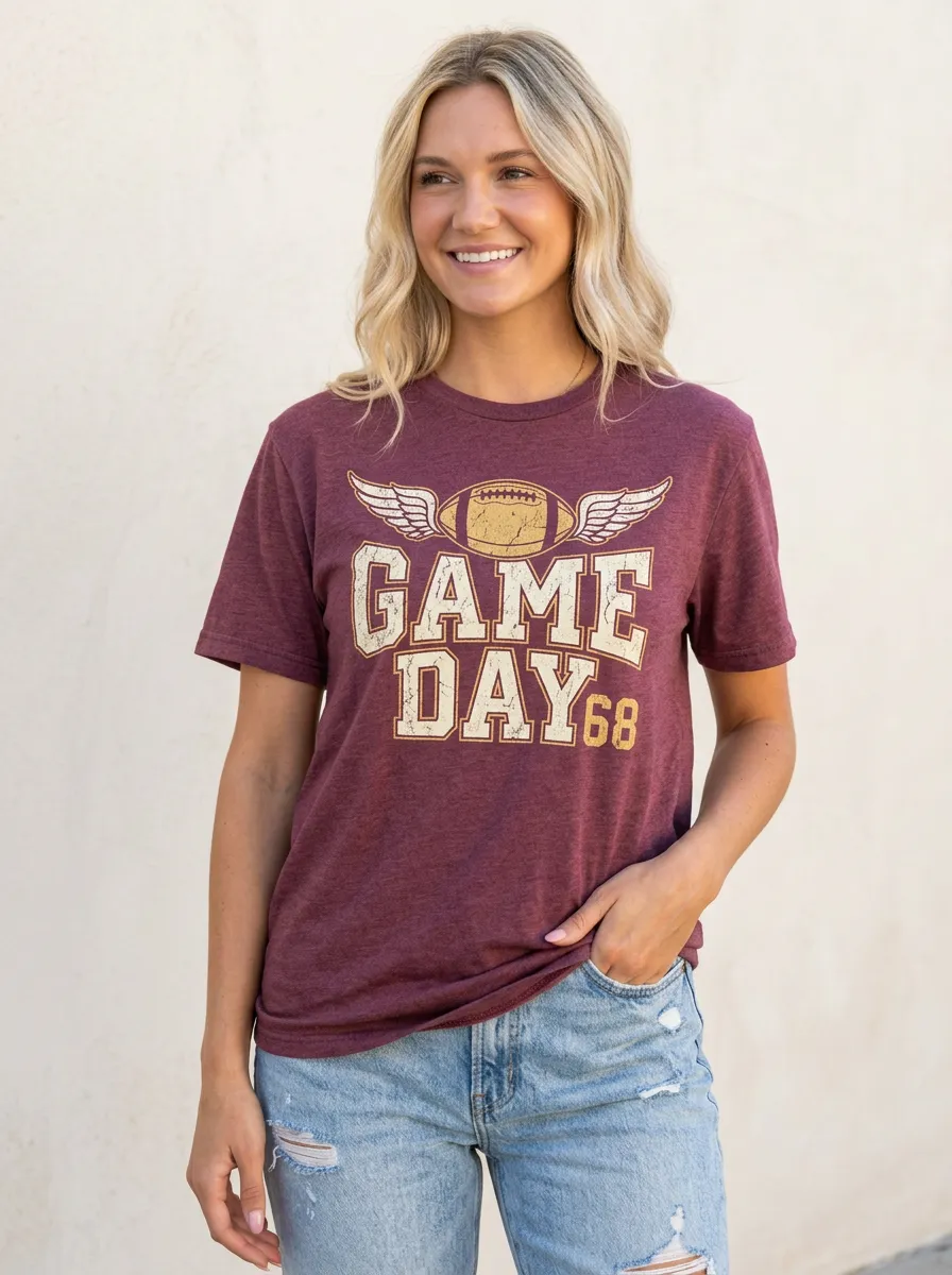 Women's Football Fan Game Day 68 Winged Ball Printed T-shirt