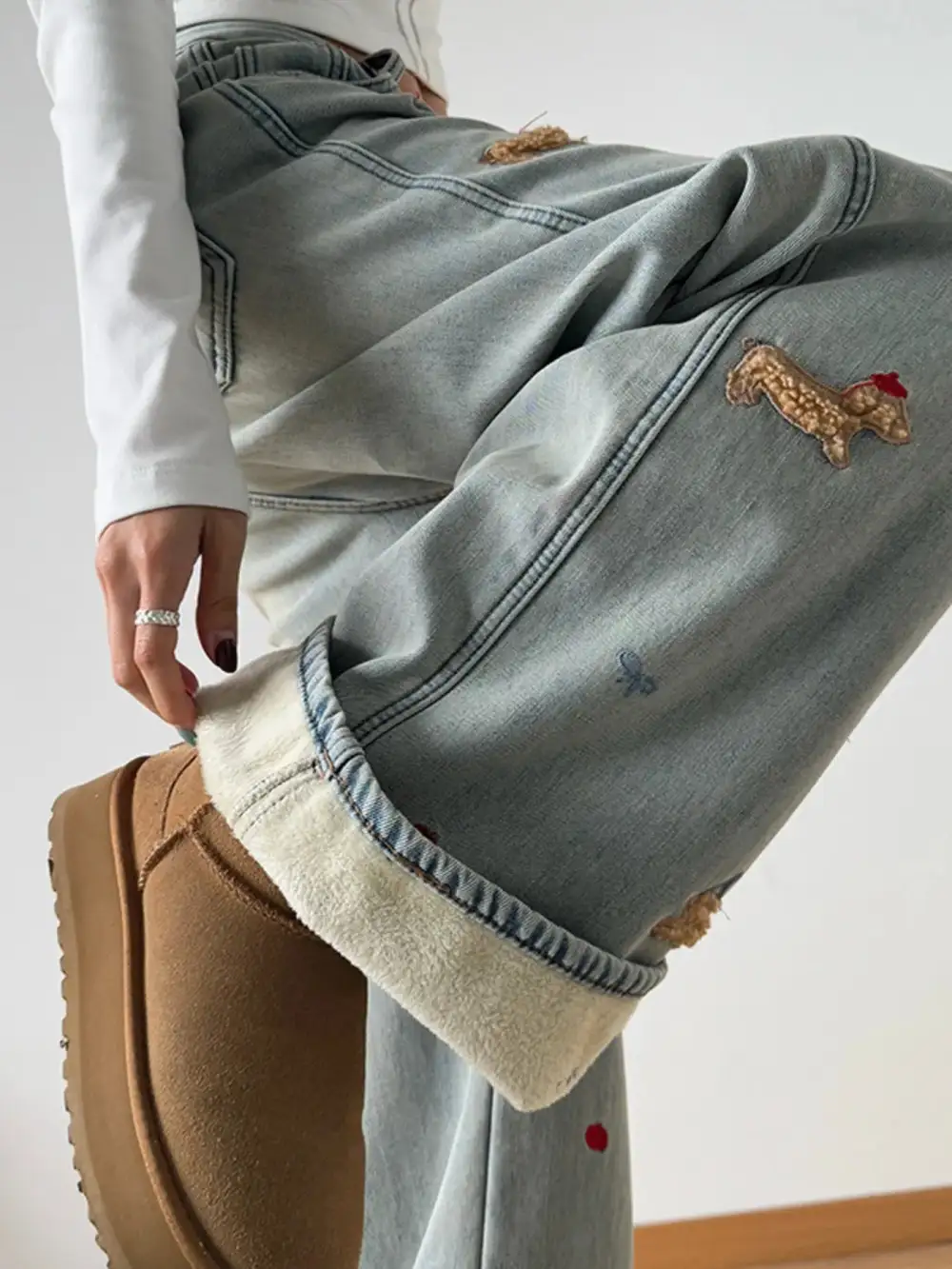 Polished Wide Leg Embroidered Denim Jeans