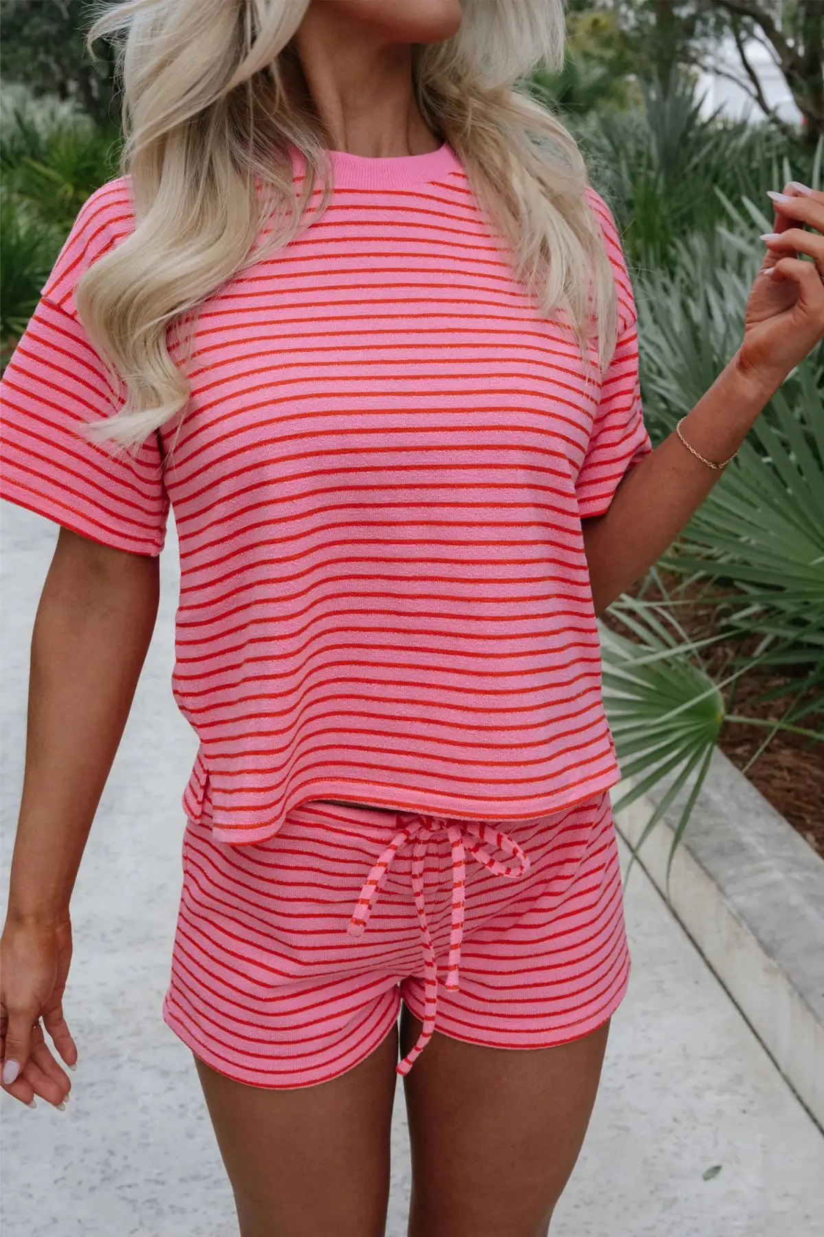 Drawstring Knit Striped Two-Piece Tee and Shorts Set