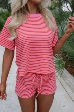 Drawstring Knit Striped Two-Piece Tee and Shorts Set